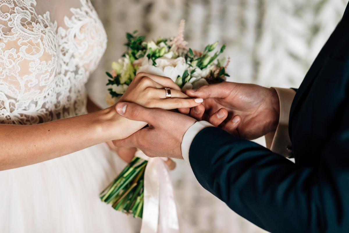 bride and groom placing ring on fingers.